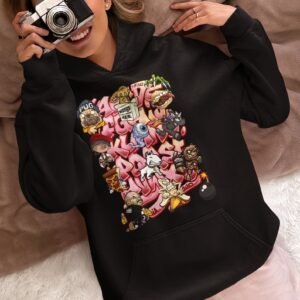 Pink Graffiti Cartoon Dog Hoodie – Urban Anime-Inspired Streetwear Sweatshirt for Bold Personalities