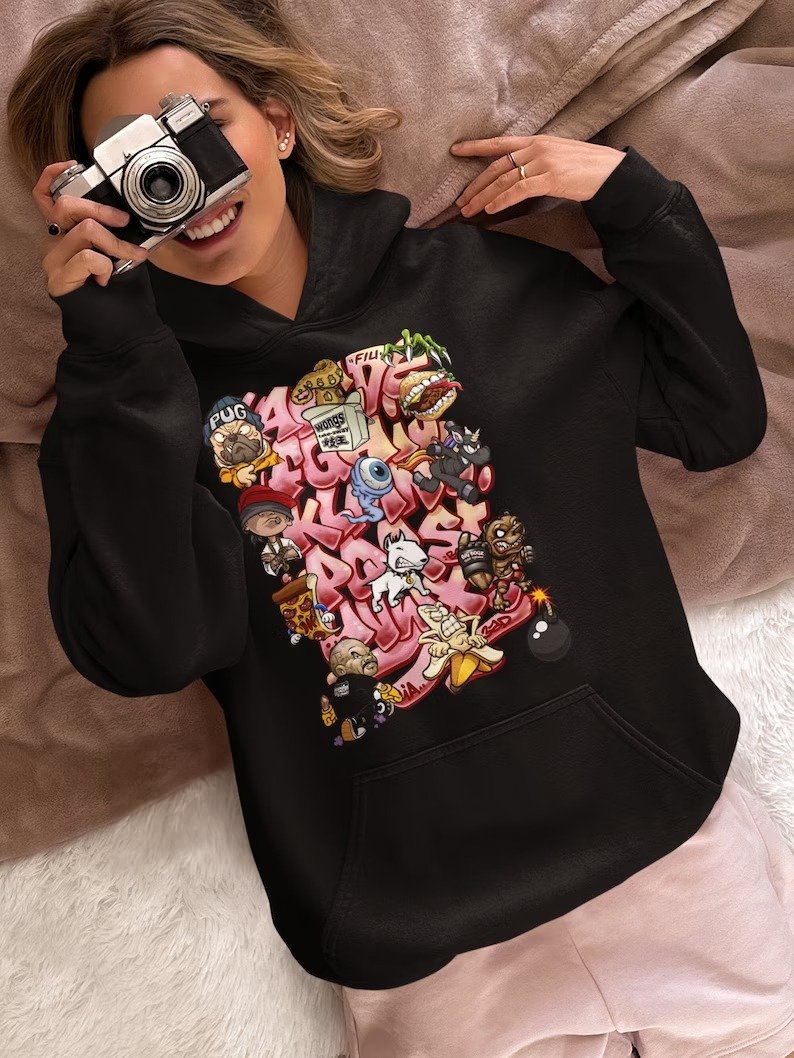 Pink Graffiti Cartoon Dog Hoodie – Urban Anime-Inspired Streetwear Sweatshirt for Bold Personalities