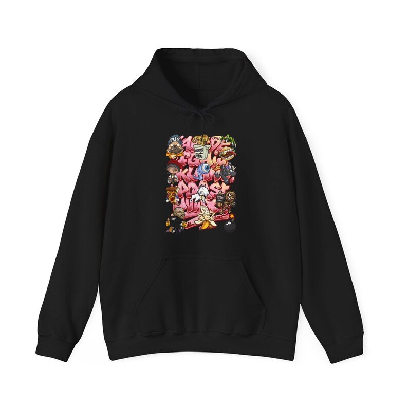 Pink Graffiti Cartoon Dog Hoodie – Urban Anime-Inspired Streetwear Sweatshirt for Bold Personalities - Image 2