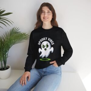 Spooky Vibes Ghost Sweatshirt – Handmade Charcoal Halloween Pullover with Cute Cartoon Design