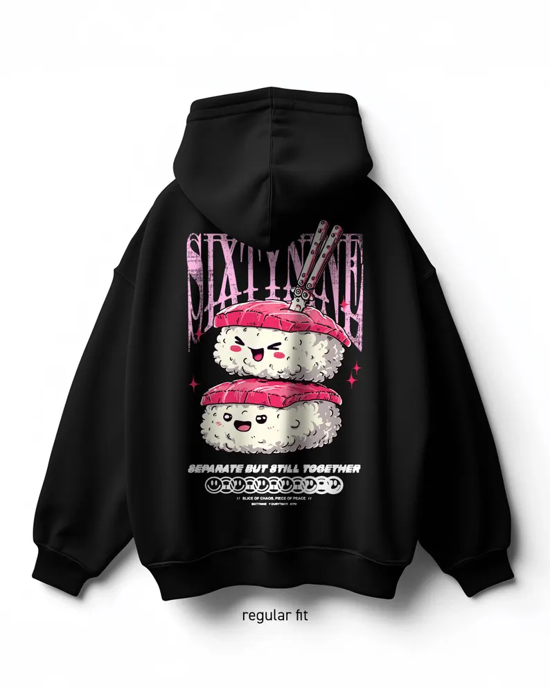 Handmade Sushi Cartoon Graphic Hoodie – Japanese Streetwear-Inspired Comfort & Style - Image 2