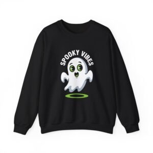 Spooky Vibes Ghost Sweatshirt – Handmade Charcoal Halloween Pullover with Cute Cartoon Design