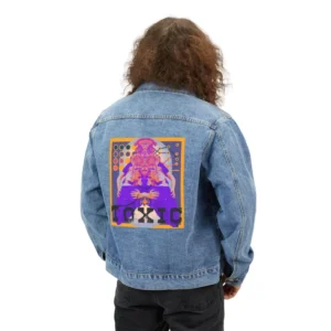 Handmade Surreal Graphic Denim Jacket – Retro-Inspired Artistic Collage Design for Creative Fashion Lovers