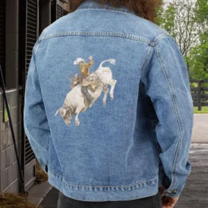 Handmade Men’s Rodeo Denim Jacket – Western Bull Rider Art Jacket in Light Blue for True Cowboy Style