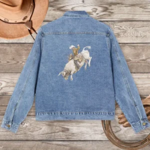 Handmade Men’s Rodeo Denim Jacket – Western Bull Rider Art Jacket in Light Blue for True Cowboy Style